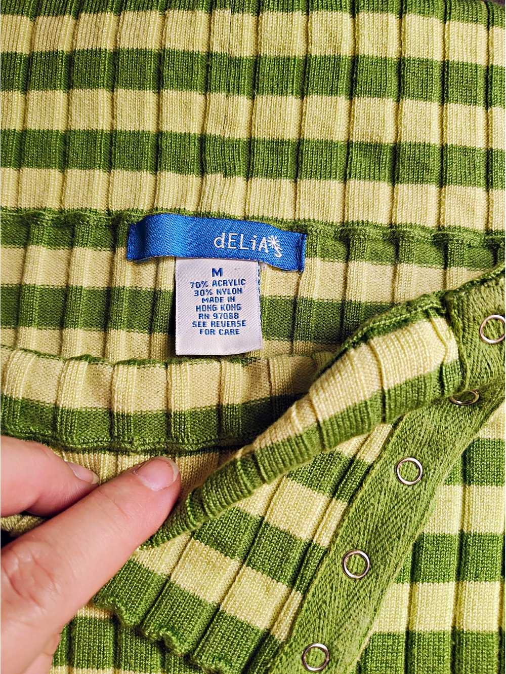 dELiA*s Green Beige Striped Rib-Knit Collared Button Pullover Sweater M y2k